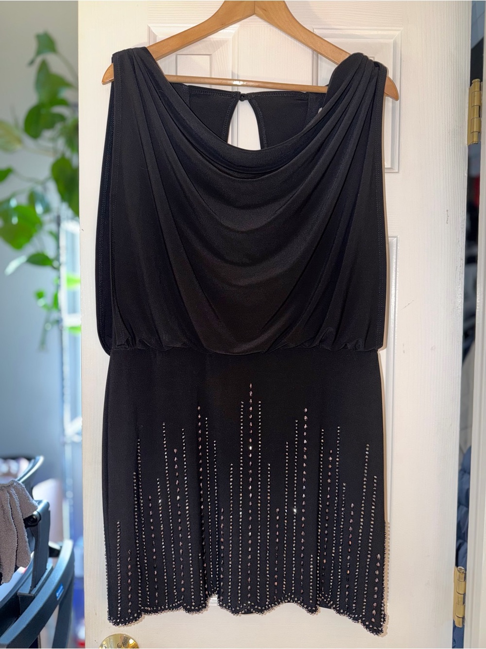 Vintage Caché Black Rhinestone Cowl Neck Mini Dress Size 12 Y2K Cocktail Party